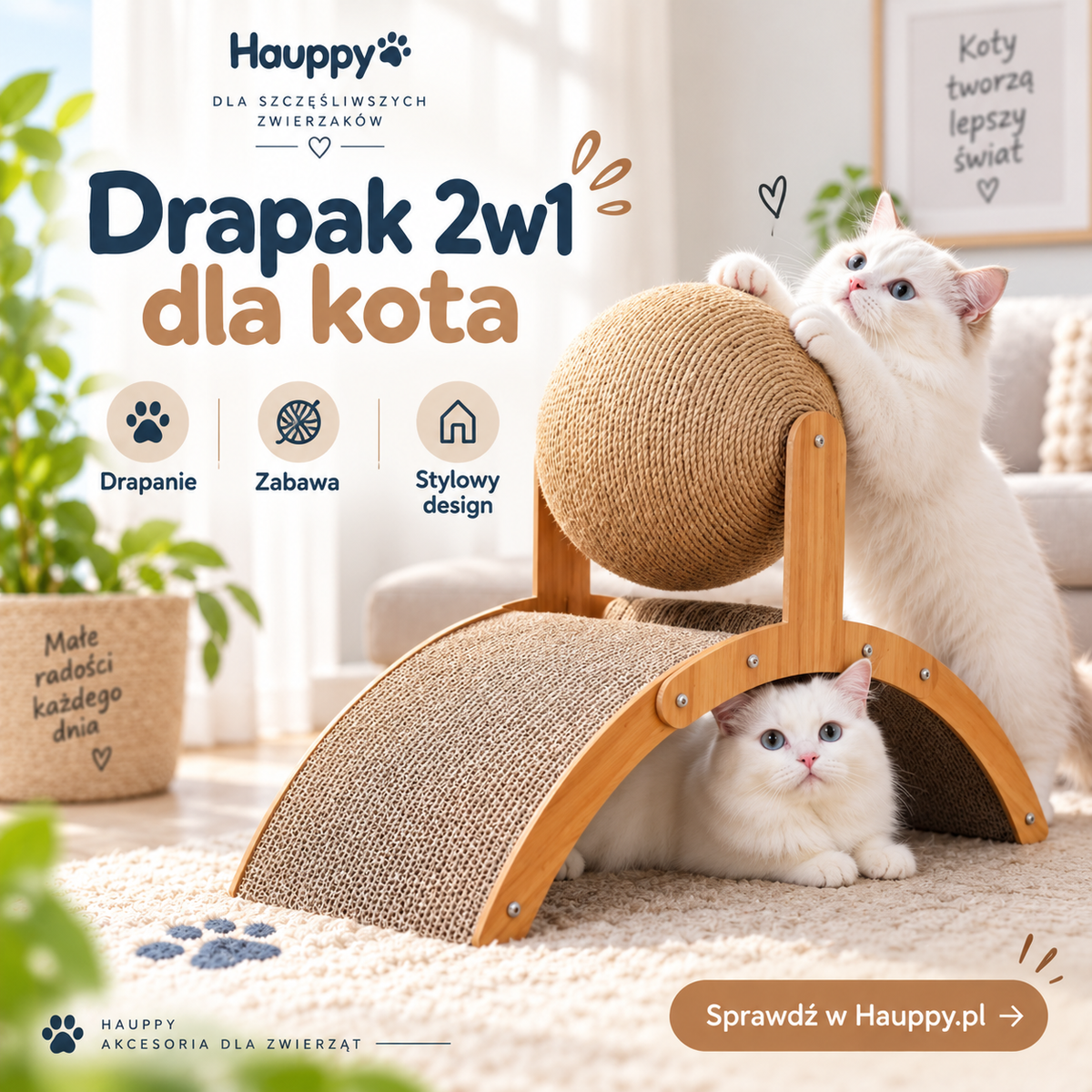 Drewniany drapak 2w1 z piłką dla kota