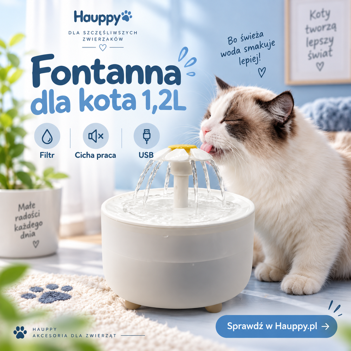 Fontanna wodna dla kota – cicha, filtrowana, USB