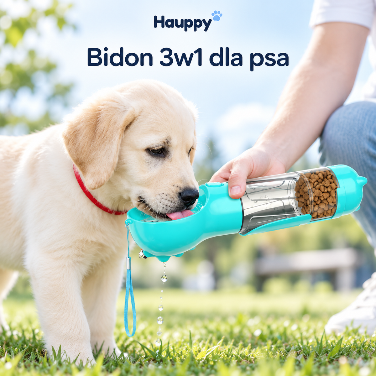 Przenośny bidon z pojemnikiem na karmę dla psa
