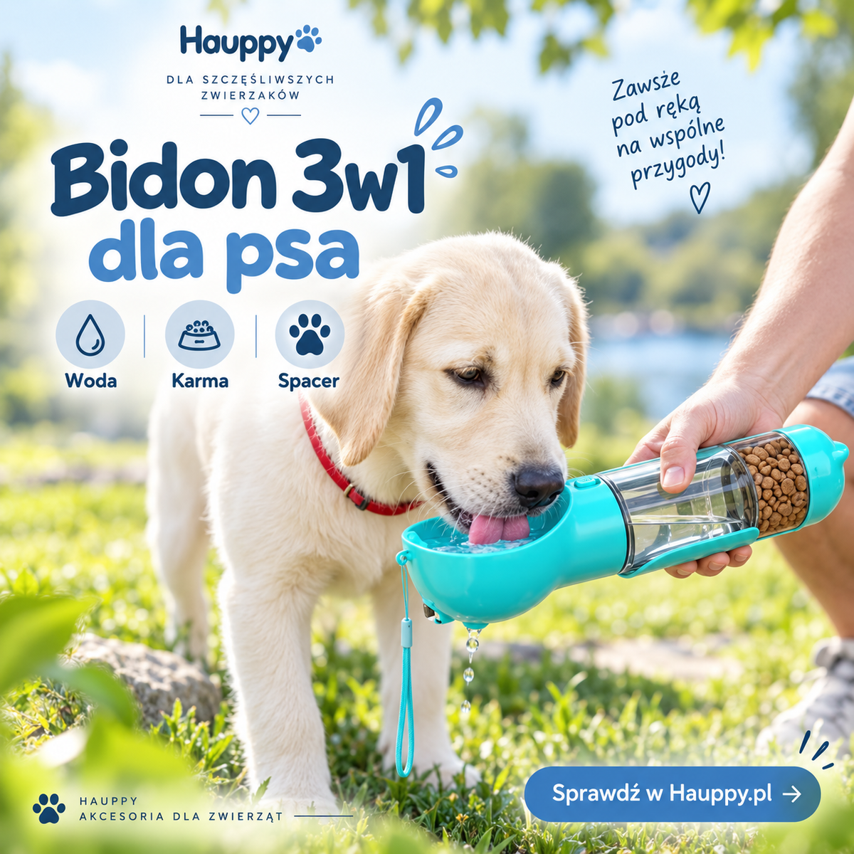 Przenośny bidon z pojemnikiem na karmę dla psa